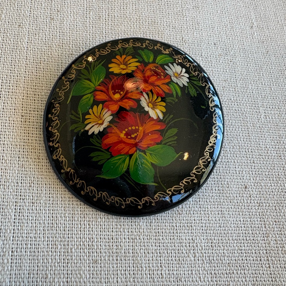 Signed Floral Lacquered Round Brooch